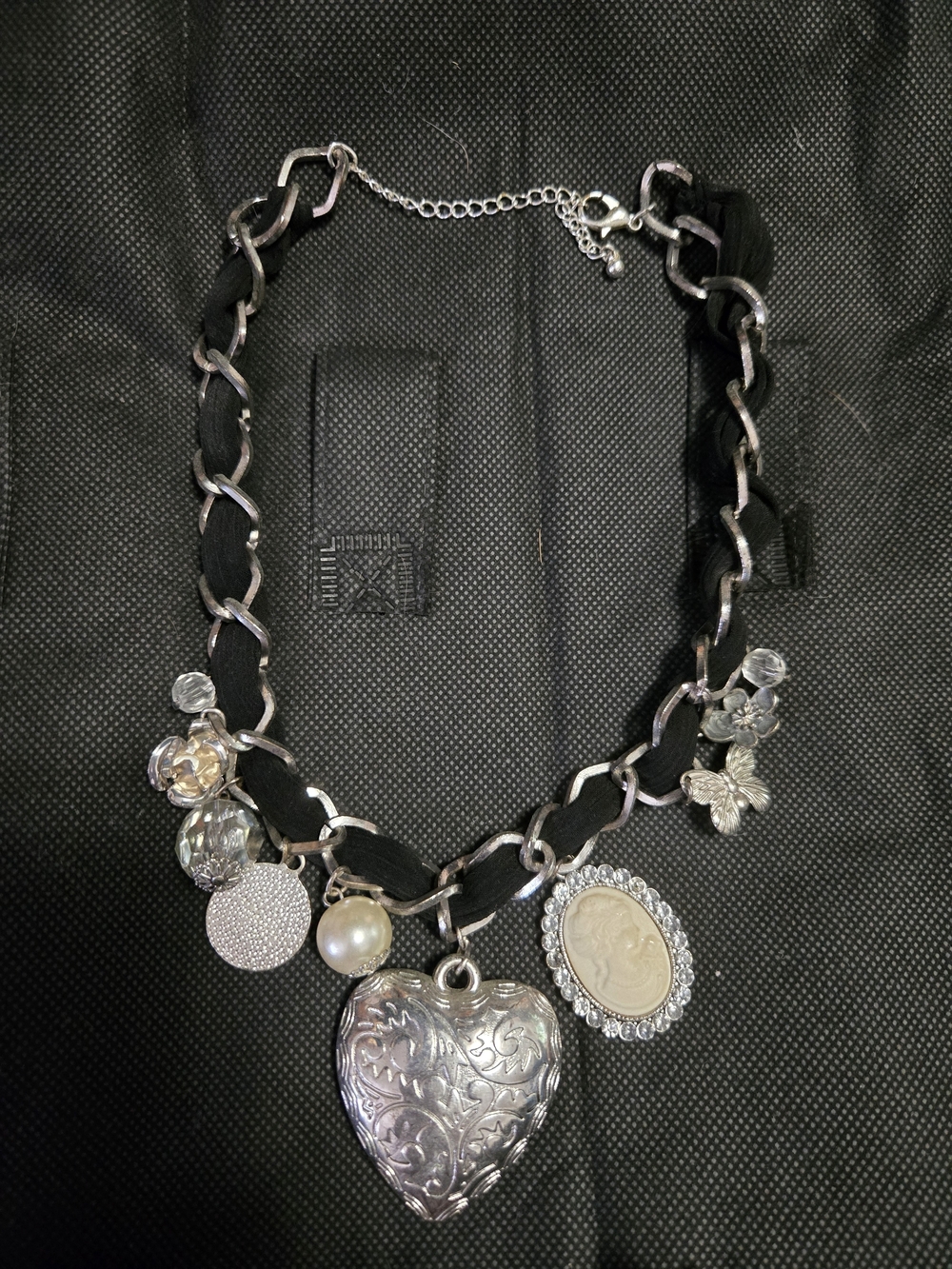 Silver-Tone Heart Charm Necklace with Black Ribbon Accent - Women Jewelry